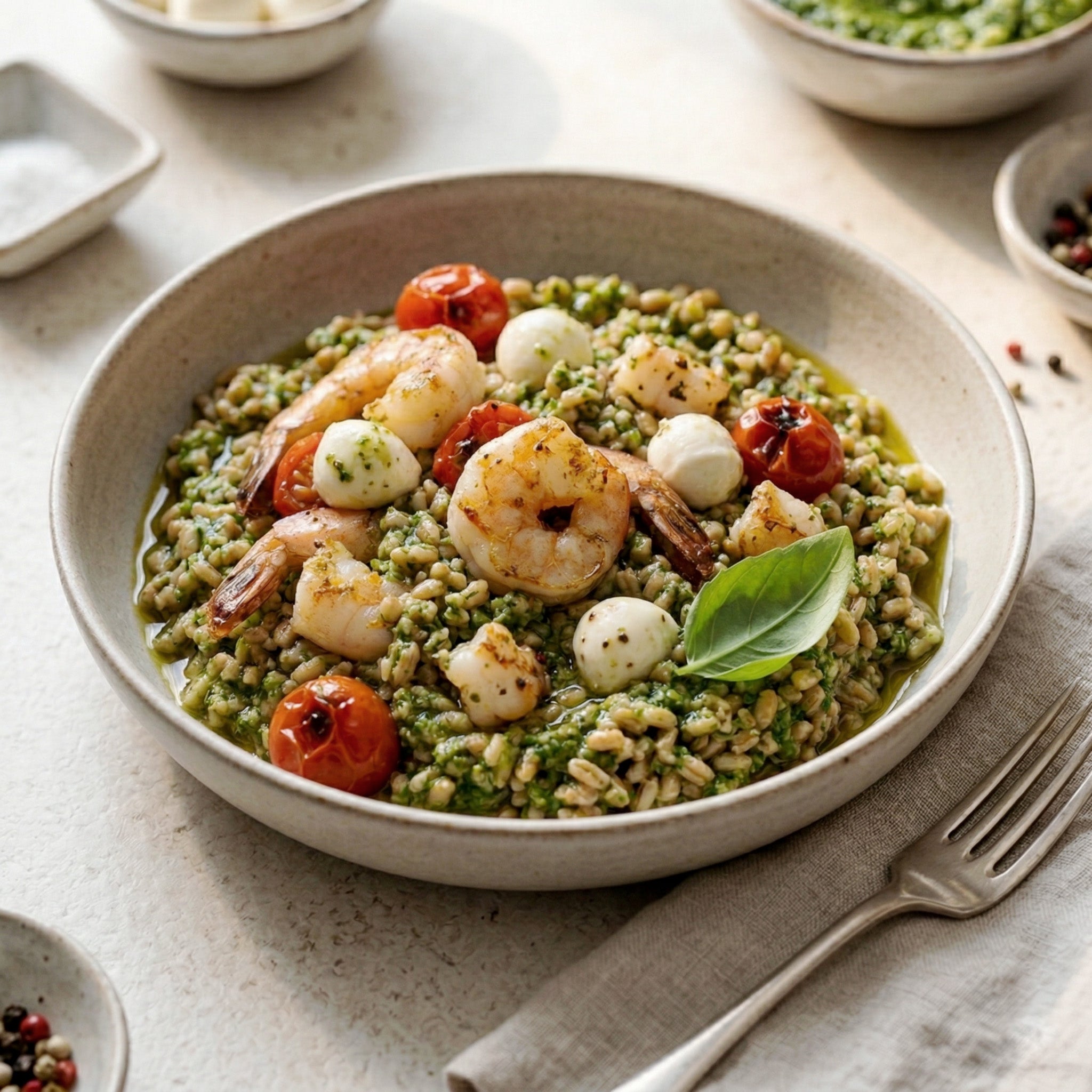 Barley with prawn and Basil Pesto